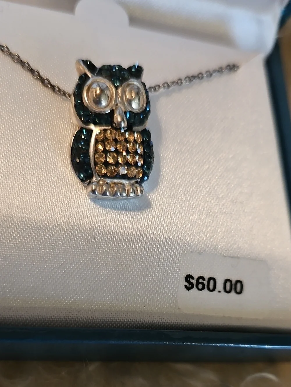 Owl Pendant Necklace with Blue and Gold Crystals - Women's Jewelry NWT